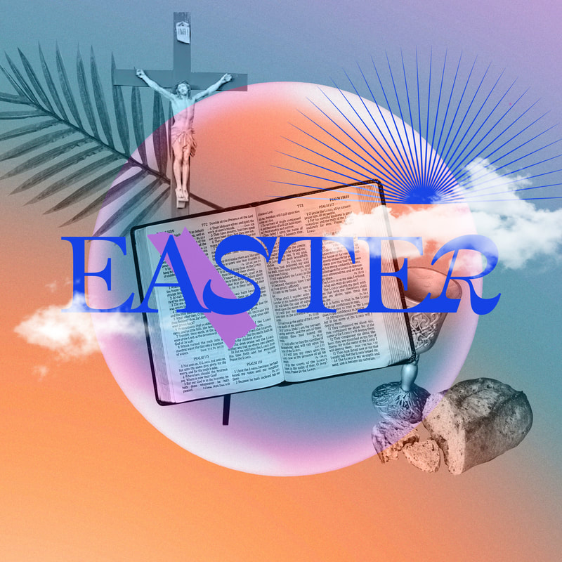 Colorful church Easter graphic design with bible, bread, wine, cross, palm branch, and the word "Easter".