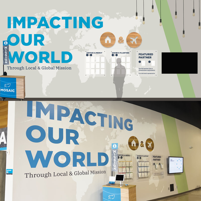 Spatial branding for a church lobby. Feature wall, environmental graphics for church interior design. Graphic designer with architecture background in Winter Garden, FL.
