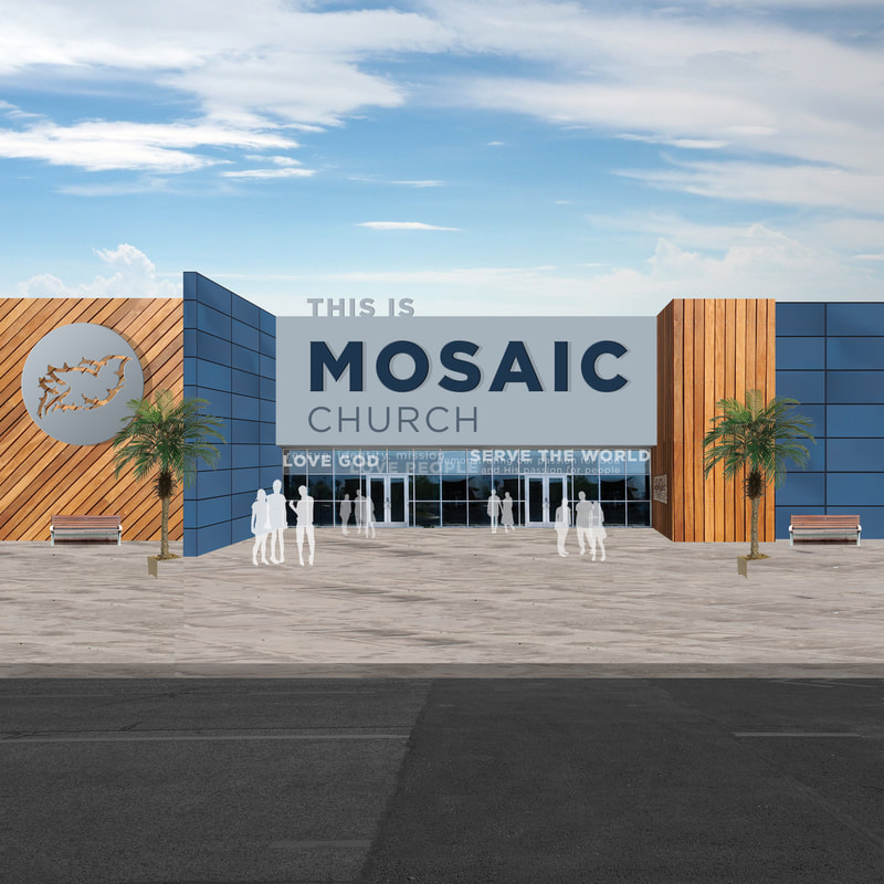 Spatial branding, immersive environmental graphics, exterior facade and signage design for a Mosaic Church.  Church graphic designer with a background in architecture in Winter Garden, FL. 