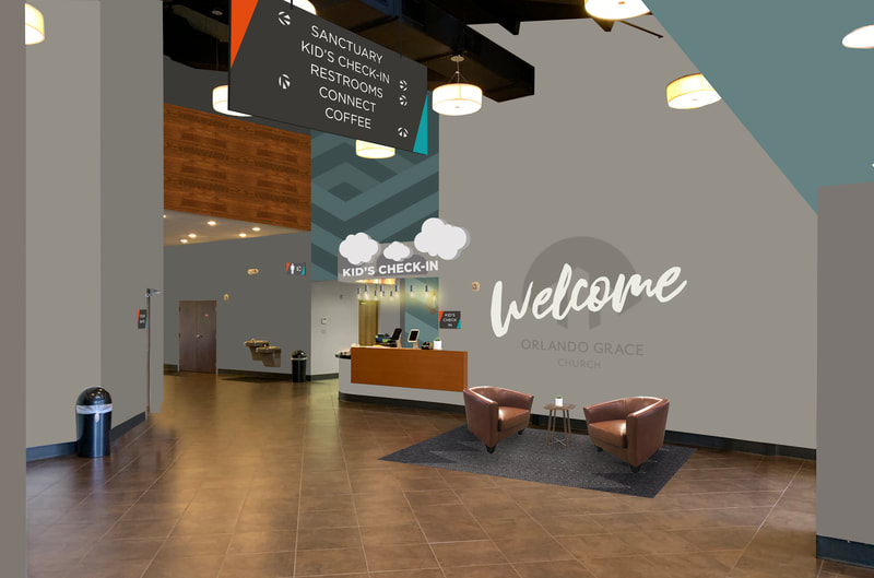 Spatial branding, immersive environmental graphics, interior design for a church.  Graphic designer with a background in architecture in Winter Garden, FL. 