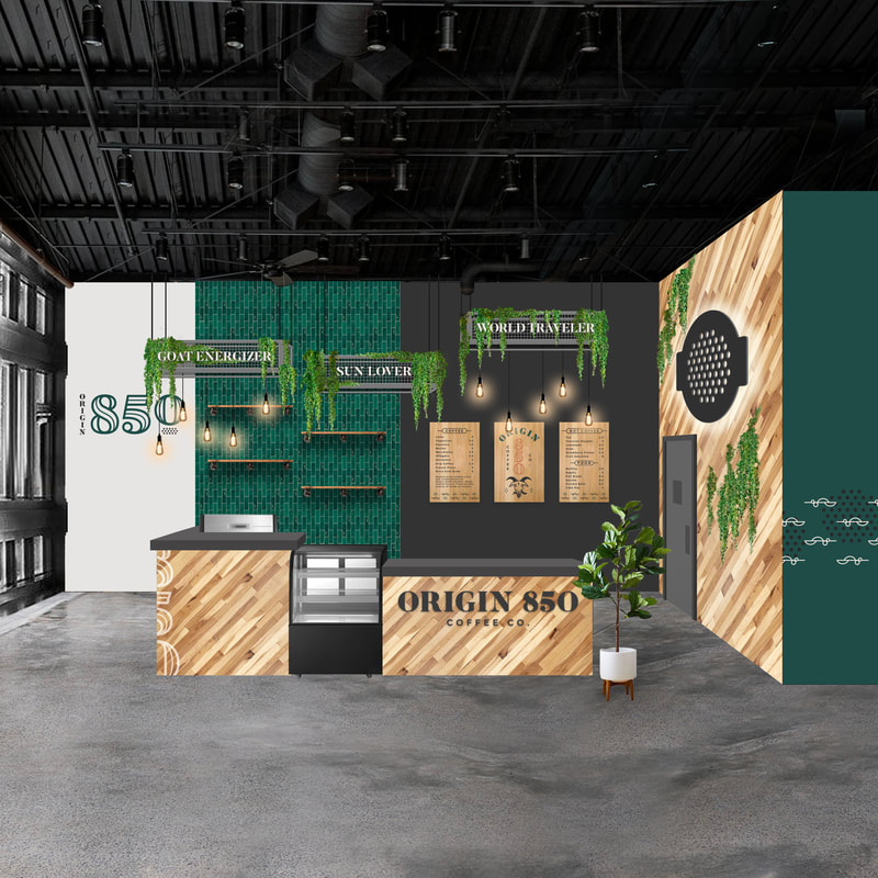 Spatial branding, immersive environmental graphics, interior design for a coffee shop.  Graphic designer with a background in architecture in Winter Garden, FL. 