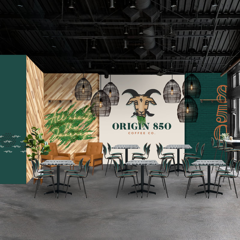 Spatial branding, immersive environmental graphics, interior design for a coffee shop.  Graphic designer with a background in architecture in Winter Garden, FL. 
